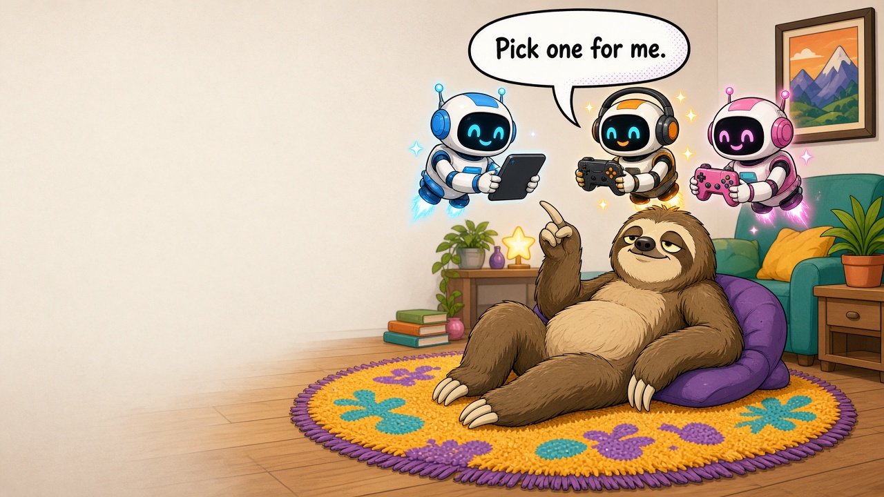 Cartoon sloth on a rug telling three robots: Pick one for me.